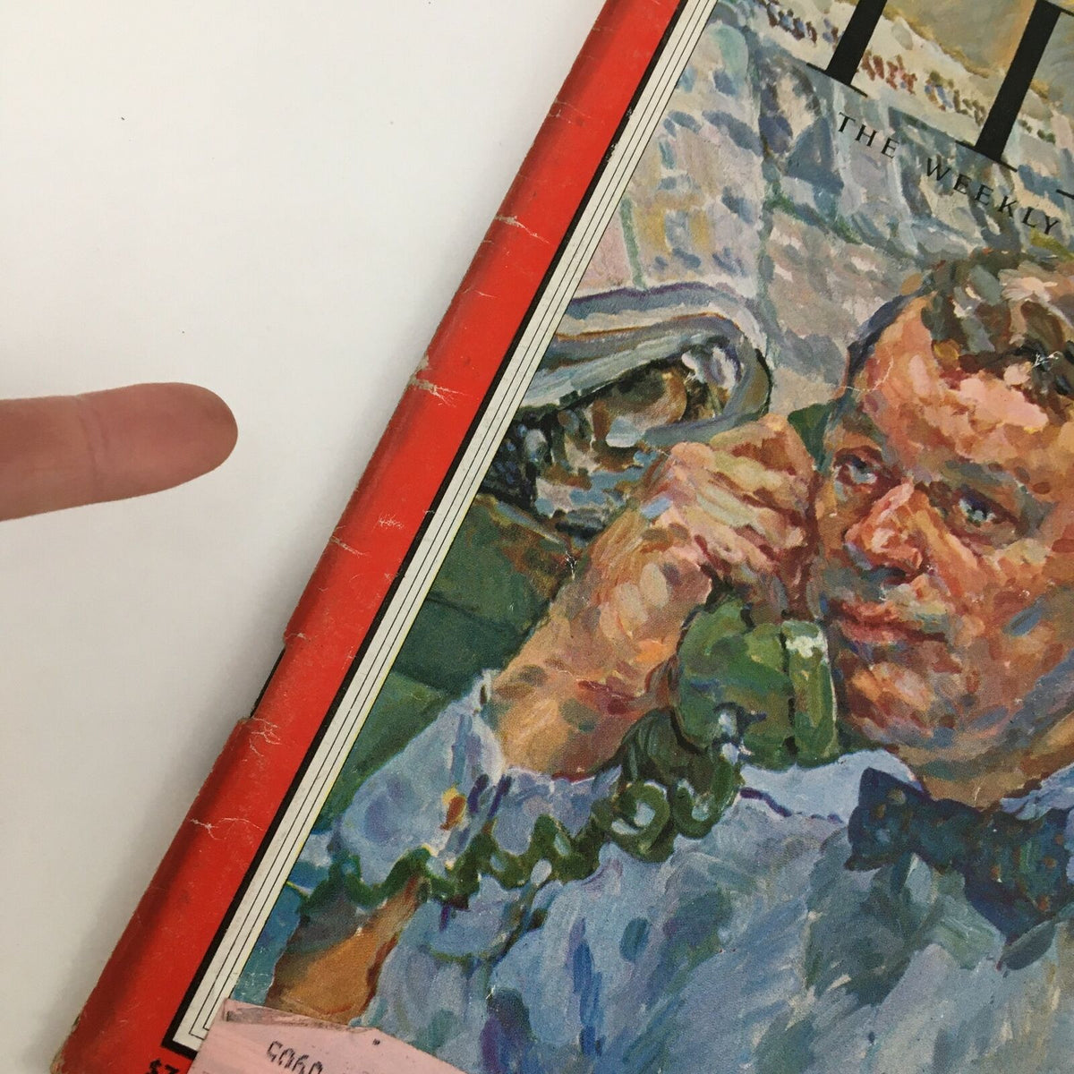 Close-up detail of the cover of Time Magazine February 15, 1960, displaying Washington columnist Scotty Reston, featuring bright colors and a vintage price tag.