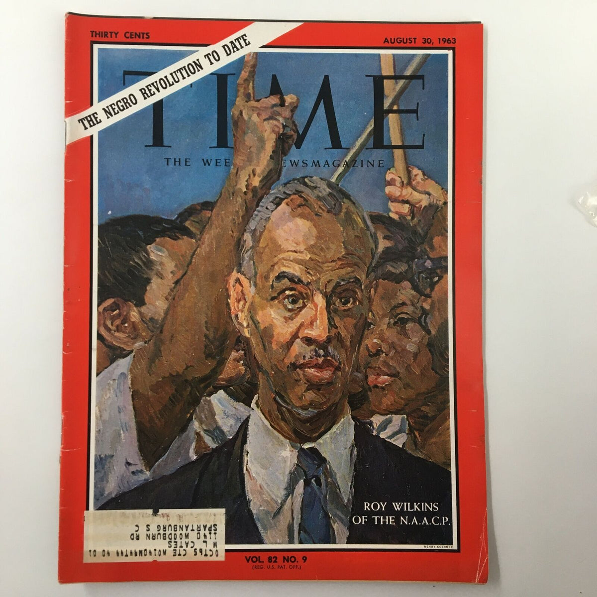 Vintage Time Magazine cover from August 30, 1963, Volume 82, Number 9 featuring Roy Wilkins of the NAACP. The cover illustrates significant civil rights themes with Wilkins depicted prominently amidst a crowd, highlighting the struggle for social justice during the 1960s.