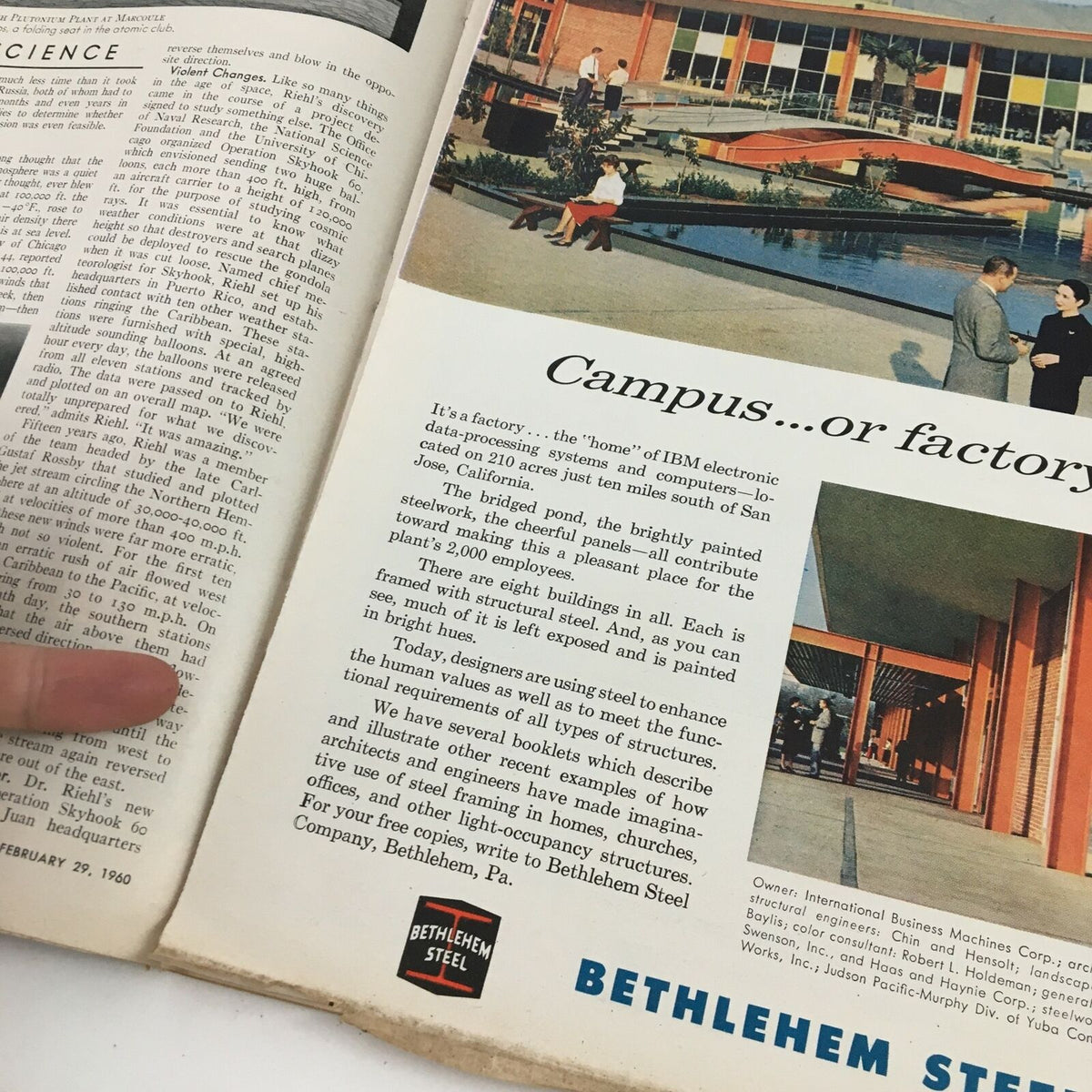 A page from the February 29, 1960 edition of Time Magazine, highlighting IBM's factory design and architecture, with employees depicted in a modern setting.