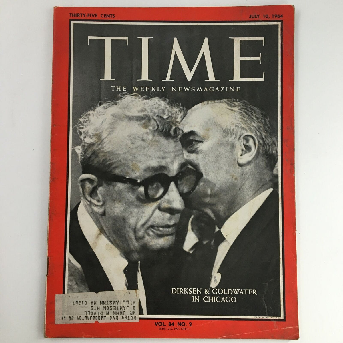 Time Magazine cover from July 10, 1964, featuring Everett Dirksen and Barry Goldwater, highlighting their discussion in Chicago. Vintage publication, Vol 84 No 2, showcasing the political landscape of the 1960s.
