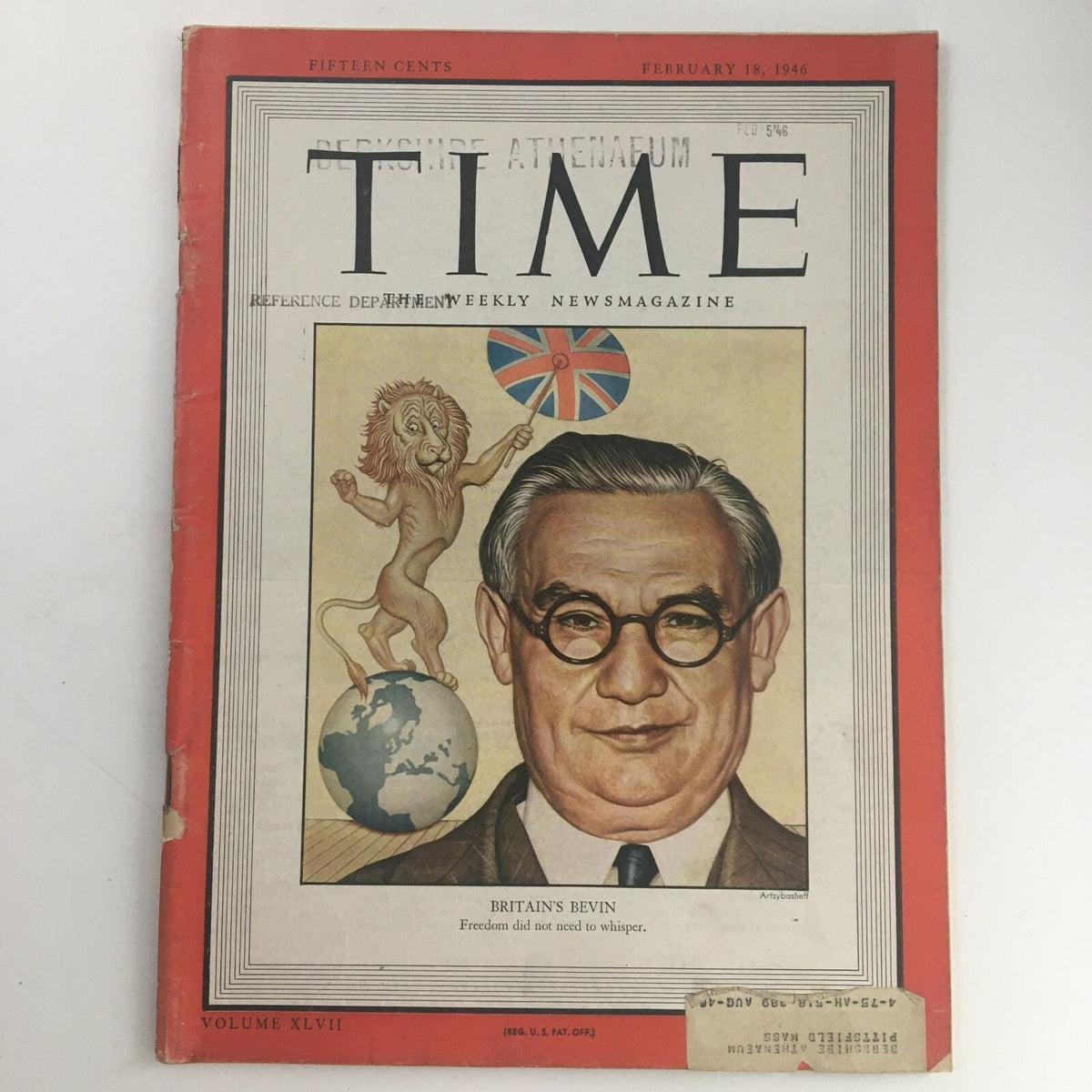 Cover of Time Magazine February 18, 1946, Vol 47 #7 featuring Trade Union Leader Ernest Bevin, depicting a portrait of Bevin with a globe and a lion, highlighting historical significance.