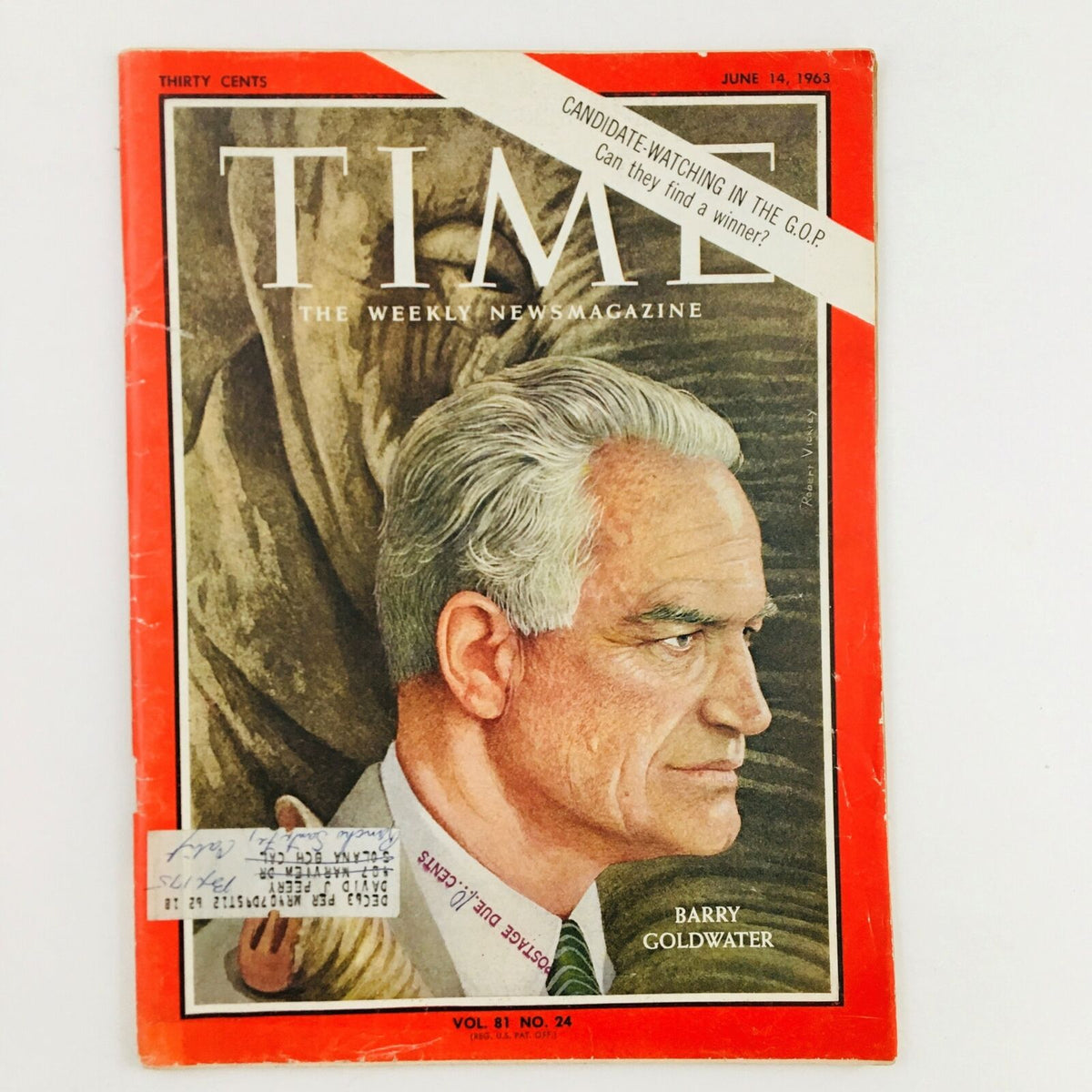 Vintage Time Magazine cover from June 14, 1963, featuring presidential candidate Barry Goldwater. The cover displays a portrait of Goldwater, highlighting the political climate of the early 1960s, with the title 'TIME: The Weekly NewsMagazine' prominently featured.