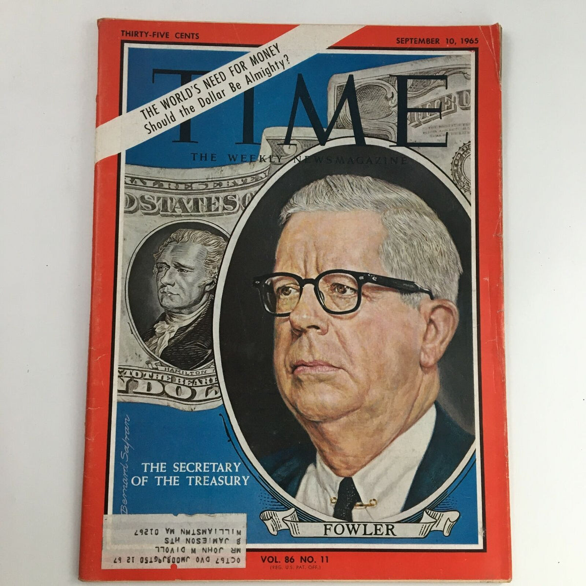 Cover of Time Magazine from September 10, 1965, featuring U.S. Secretary of Treasury Henry H. Fowler with a backdrop of U.S. currency. This vintage edition highlights the economic themes of the era, making it a collectible item for history enthusiasts.