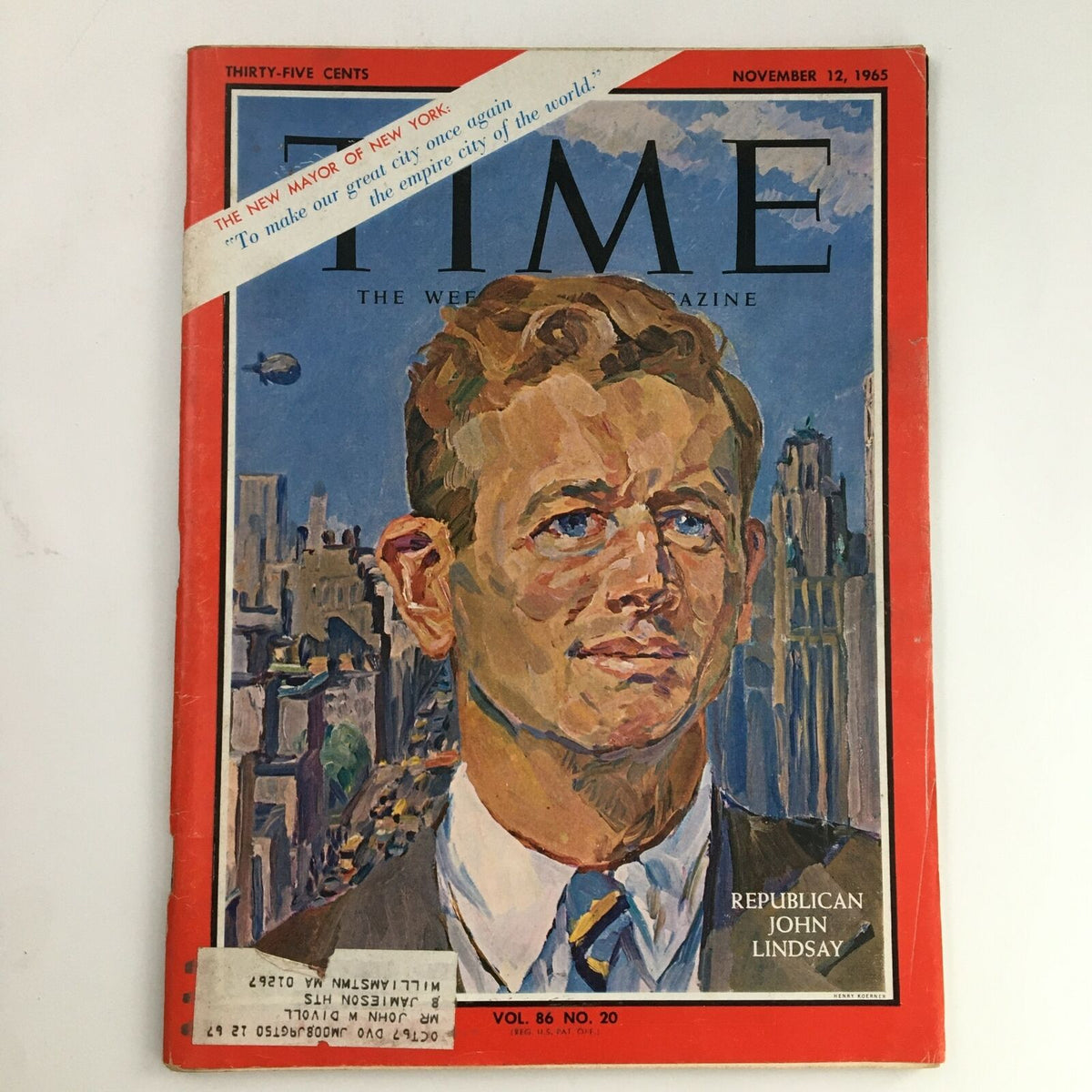 Cover of Time Magazine from November 12, 1965 featuring former U.S. Congressman John Lindsay, Volume 86, Number 20, showcasing a colorful portrait with New York City skyline in the background.