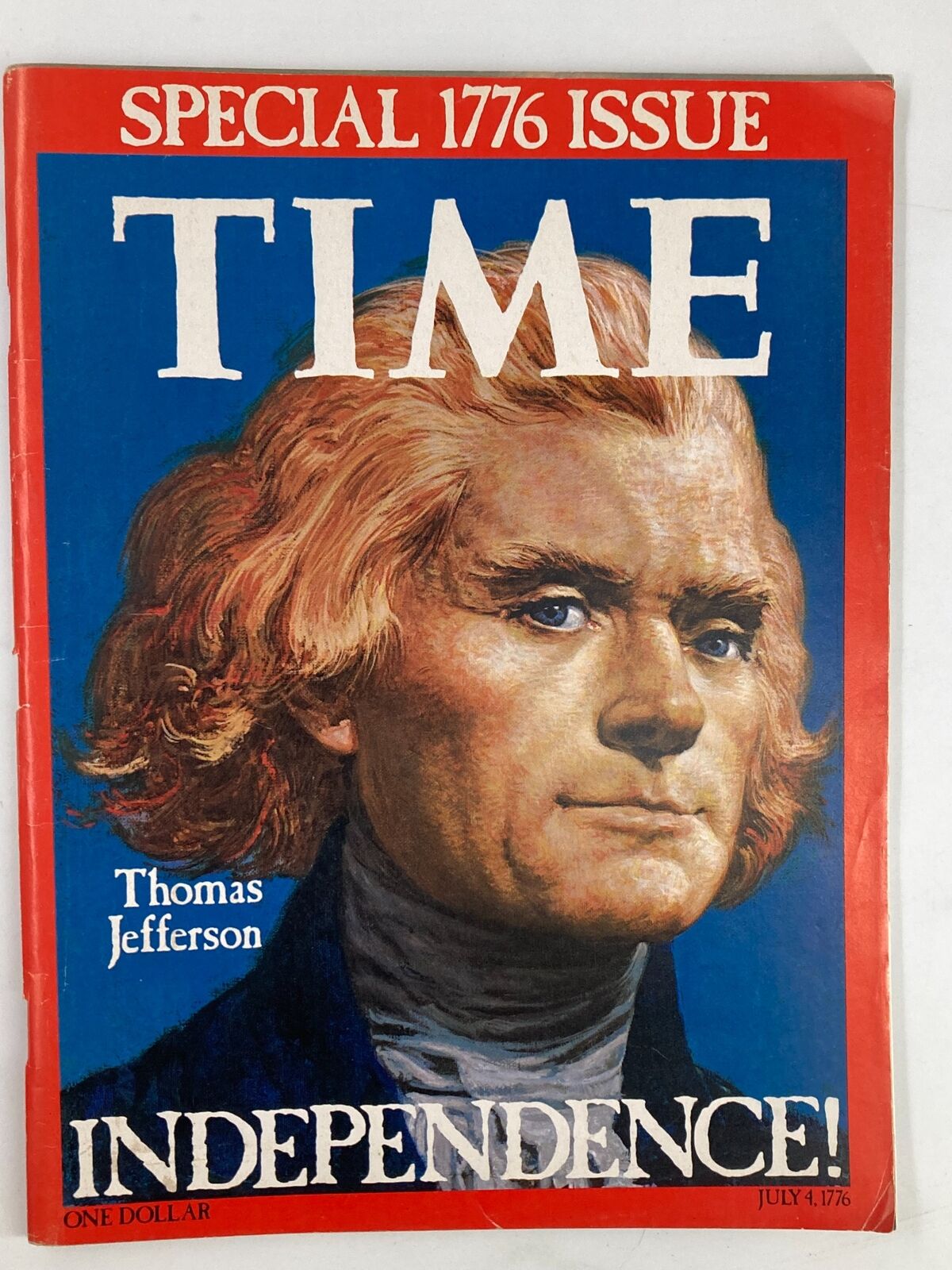 VTG Time Magazine July 4 1776 featuring Thomas Jefferson on the cover, celebrating Independence Day with vibrant artwork and historical significance.