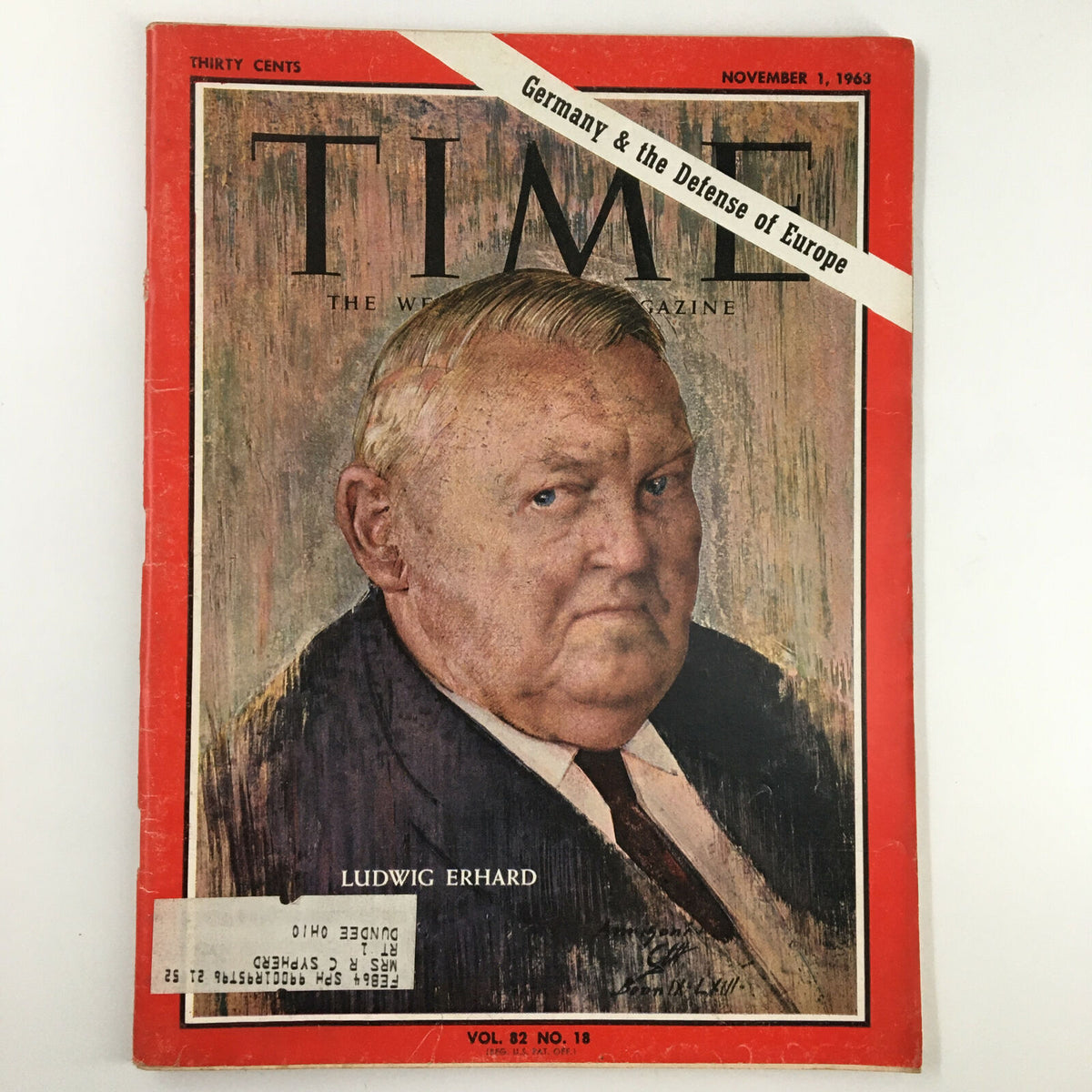 Vintage Time Magazine cover from November 1, 1963, Volume 82 Issue 18 featuring Ludwig Erhard and the topic of Defense of Europe, showcasing historical significance in Cold War era politics.