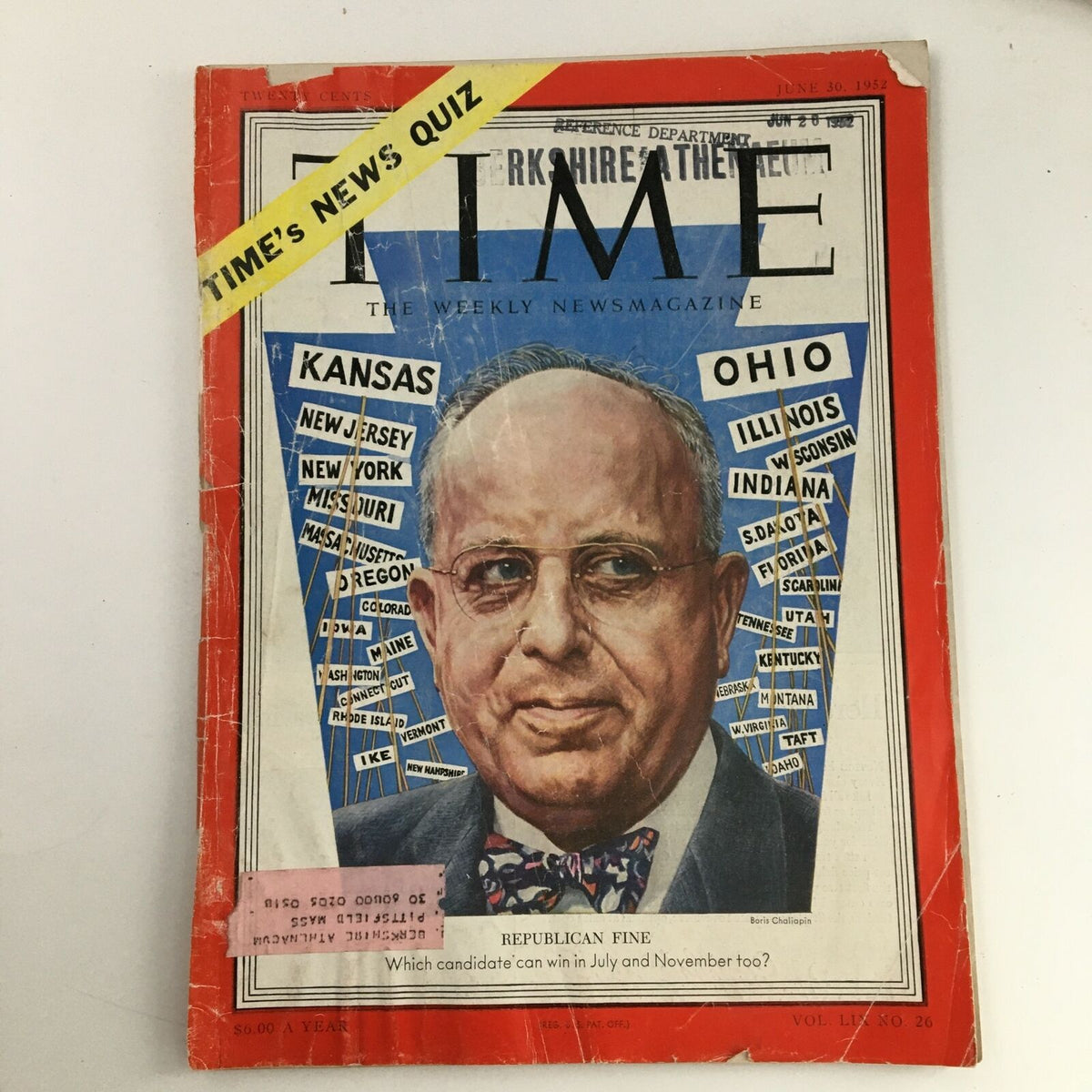 Cover of Time Magazine from June 30, 1952, featuring American lawyer and judge John S. Fine. The magazine cover displays a portrait of Fine with text elements referencing various states, including Kansas and Ohio, along with a quiz banner.