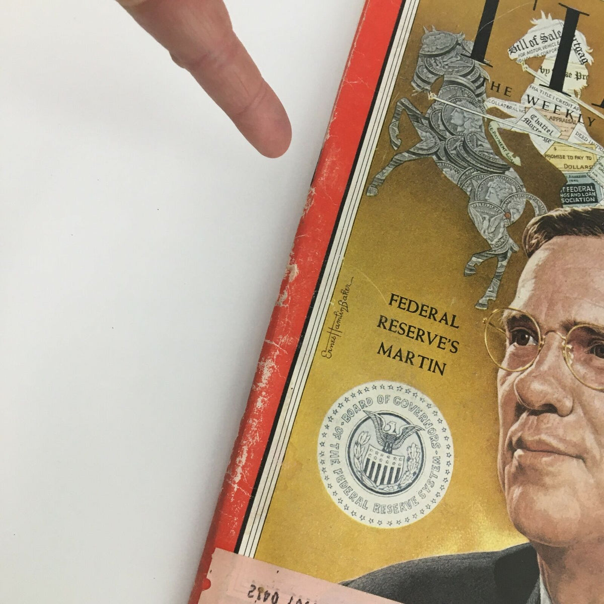 Close-up view of the Time Magazine cover from September 10, 1956, featuring Federal Reserve Chairman William McChesney Martin. The image highlights the magazine's vintage design and noticeable wear, including an address label, which adds to its collectible charm.