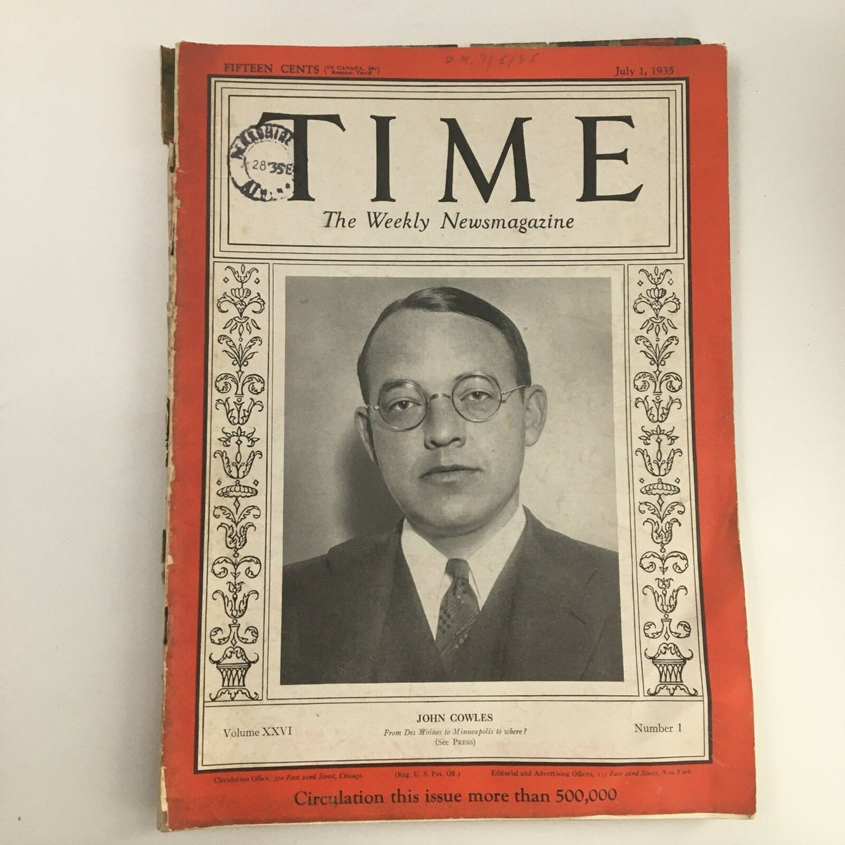 Cover of Time Magazine July 1, 1935, Vol 26 #1 featuring a portrait of John Cowles, showcasing vintage design and historical significance in acceptable condition.