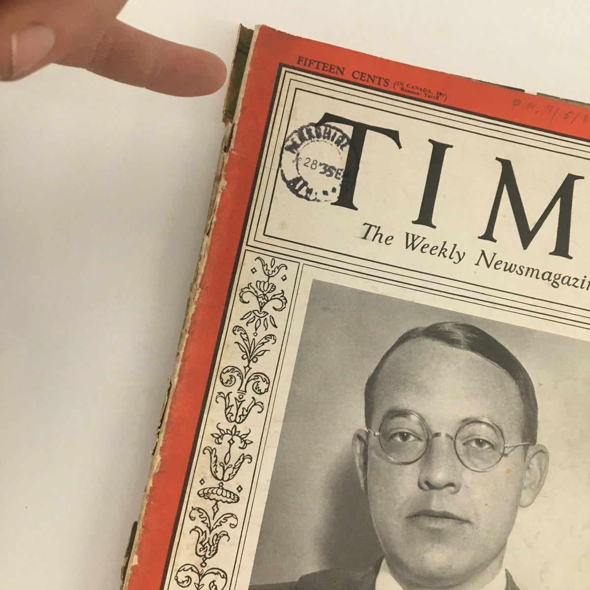Close-up of Time Magazine July 1, 1935, Vol 26 #1 front cover showing the title and a gentleman's photograph.