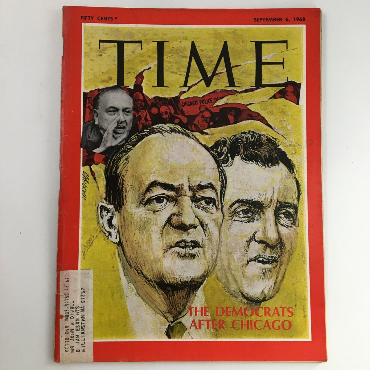 Cover of Time Magazine dated September 6, 1968, featuring illustrations of Hubert Humphrey and Edmund Muskie, with the headline 'The Democrats After Chicago'. This issue captures a pivotal moment in U.S. political history, perfect for collectors and historians.