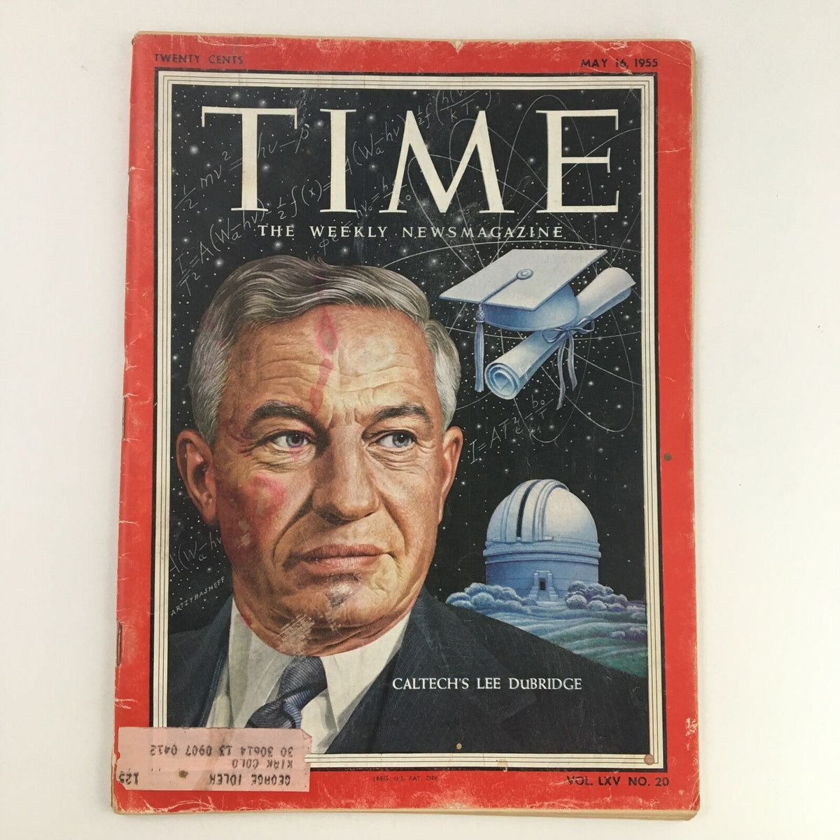 Cover of Time Magazine dated May 16, 1955, featuring Caltech's physicist Lee Alvin DuBridge. The image showcases DuBridge's portrait with scientific elements in the background, symbolizing his contributions to science during the post-war era.