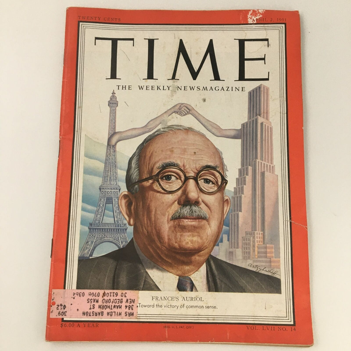 Cover of Vintage Time Magazine dated April 2, 1951, featuring a portrait of Frances Auriol, with the Eiffel Tower in the background and text stating 'Toward the victory of common sense'. This issue is Volume LVII, Number 14.