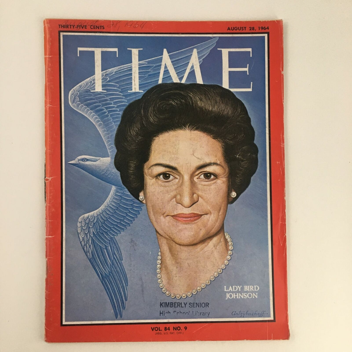 Cover of Time Magazine from August 28, 1964, featuring First Lady Lady Bird Johnson, showcasing her portrait with a background of a bird in flight.