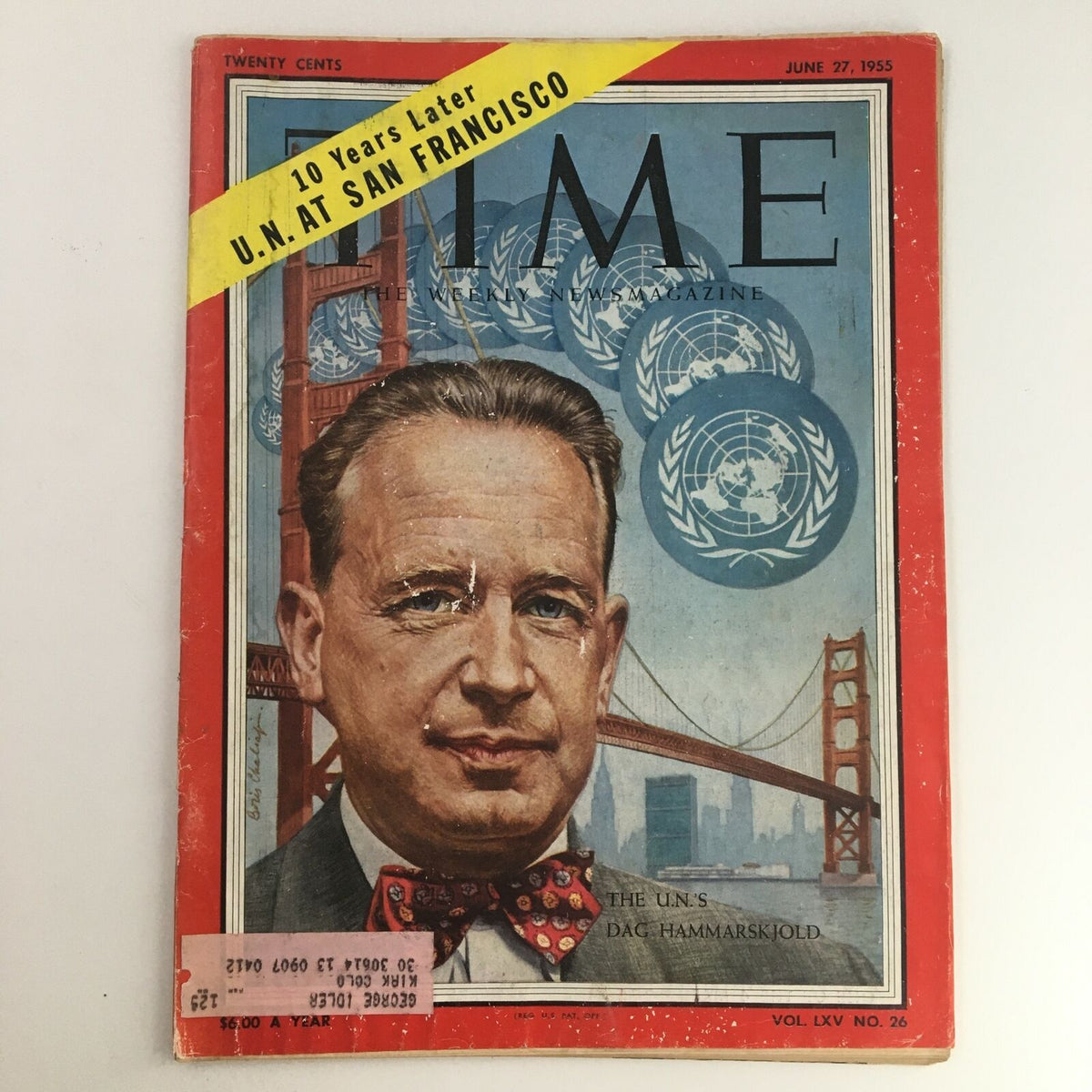 Time Magazine June 27 1955 featuring The U.N.'s Dag Hammarskjöld on the cover, showcasing a portrait of Hammarskjöld against a backdrop of the Golden Gate Bridge.