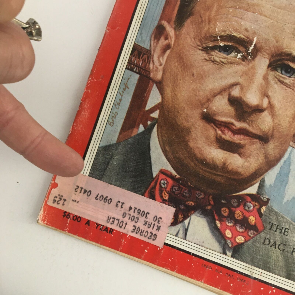 Close-up view of Time Magazine June 27 1955 with The U.N.'s Dag Hammarskjöld cover showing a visible address label for George Dieter, emphasizing its vintage character.