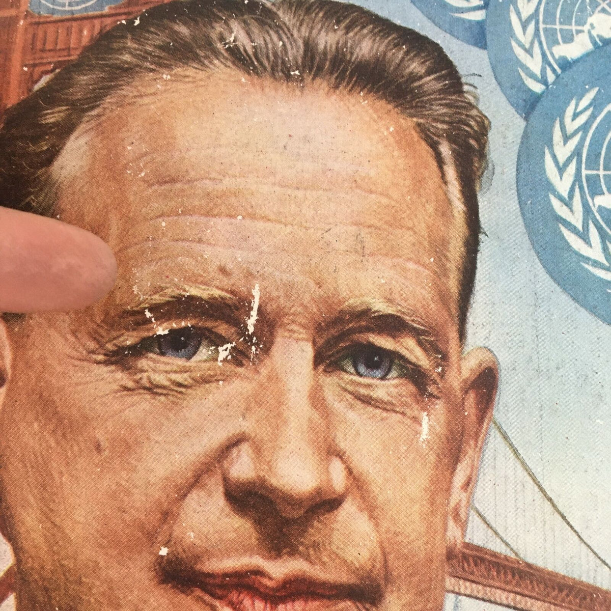 Detailed close-up of Time Magazine June 27 1955 showing The U.N.'s Dag Hammarskjöld with visible imperfections on the cover that add to its historical authenticity.