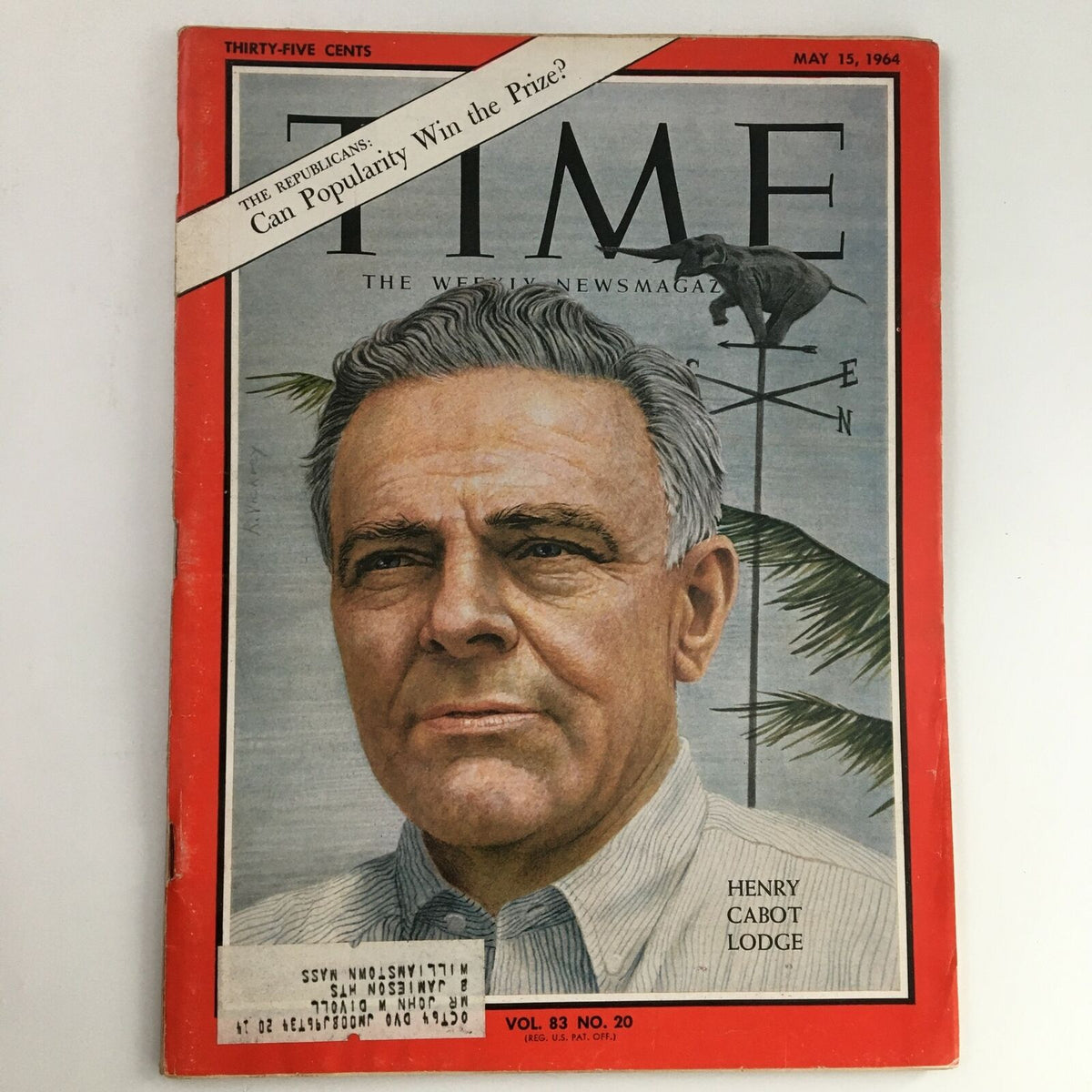 Cover of Time Magazine dated May 15, 1964, featuring former U.S. Senator Henry Cabot Lodge Jr., with a prominent illustration and the headline discussing Republican popularity. This collectible vintage magazine from Volume 83, Issue 20 captures a historical moment in American politics.