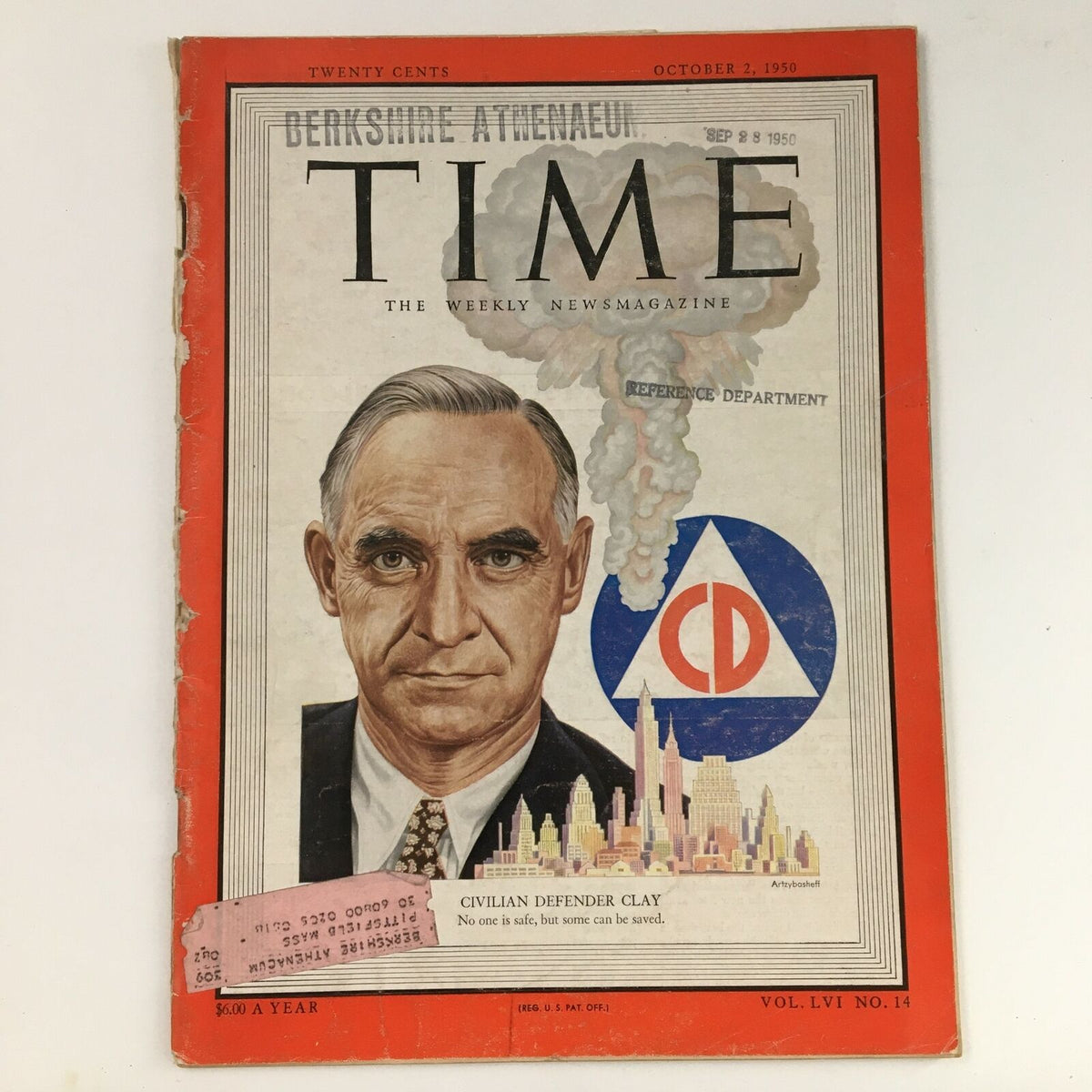 Time Magazine cover dated October 2, 1950, Vol 56 No 14, showcasing Civilian Defender Lucius Clay against a backdrop of urban Manhattan, capturing a significant moment in history.