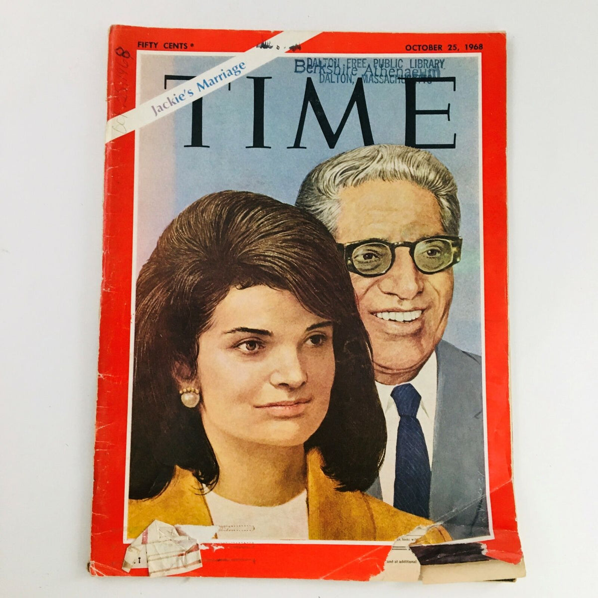 Cover of Time Magazine from October 25, 1968 featuring Jacqueline Kennedy and Aristotle Onassis, depicting their marriage. The magazine shows signs of wear including a tear and library label.