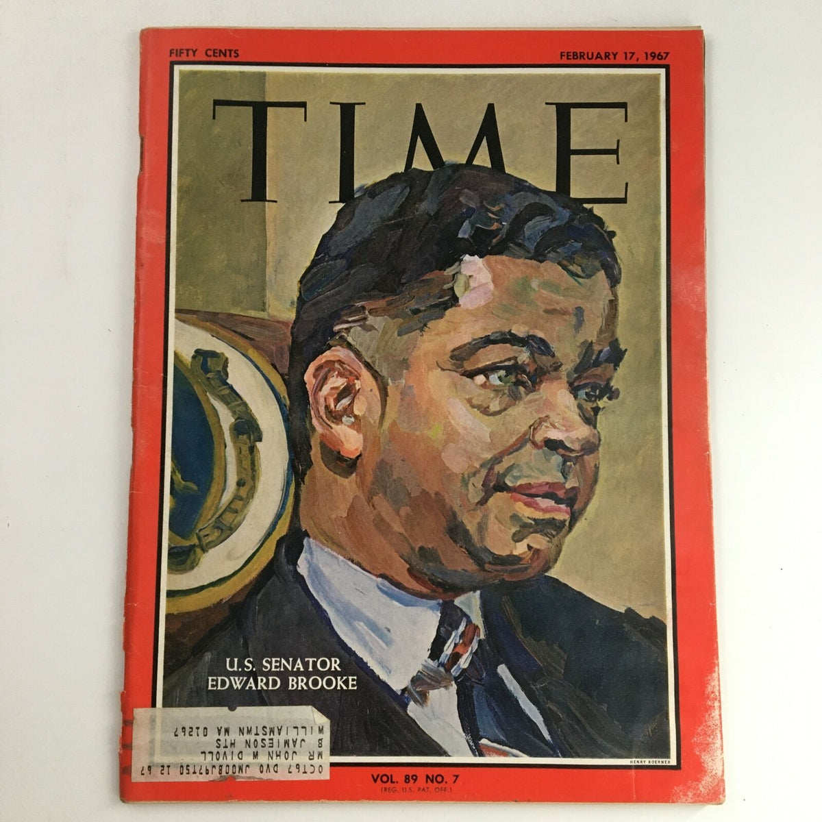Cover of Time Magazine, February 17, 1967, Vol 89 #7 featuring Former U.S. Senator Edward Brooke, showcasing a portrait on a vintage magazine background.