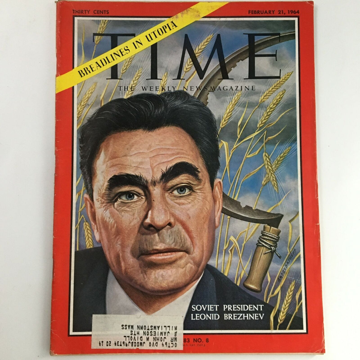 Time Magazine February 21 1964 Vol 83 #8 featuring a portrait of Soviet President Leonid Brezhnev on the cover, illustrating key historical events from the Cold War era.