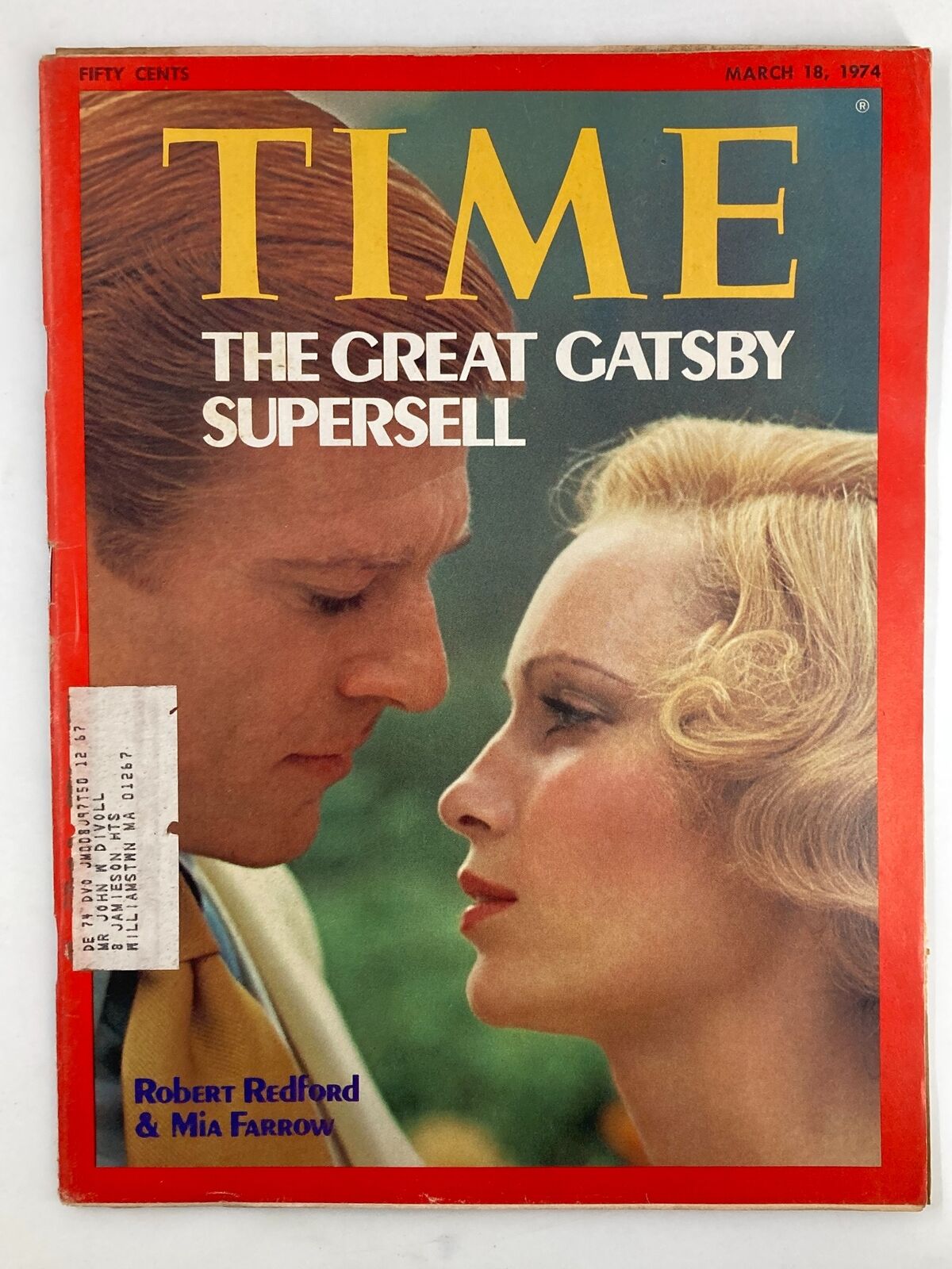 VTG Time Magazine March 18 1974 cover featuring Robert Redford and Mia Farrow, highlighting their connection to 'The Great Gatsby'. The magazine showcases a moment in cinematic history, reflective of the 1970s culture.
