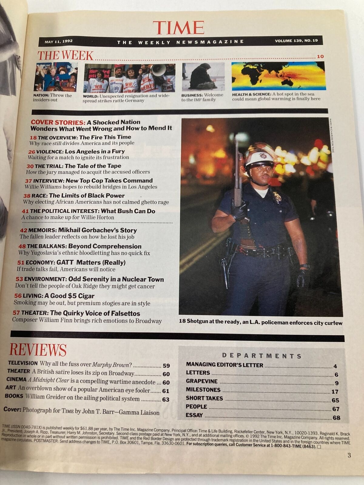 Inside page of Time Magazine dated May 11, 1992, featuring an article overview including 'A Shocked Nation Wonders What Went Wrong and How to Mend It' related to Rodney King.