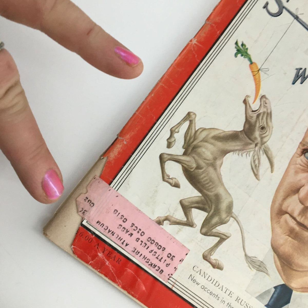 Detail view of Time Magazine May 19 1952 Edition highlighting the pink address label and cover art of Richard Russell Jr.