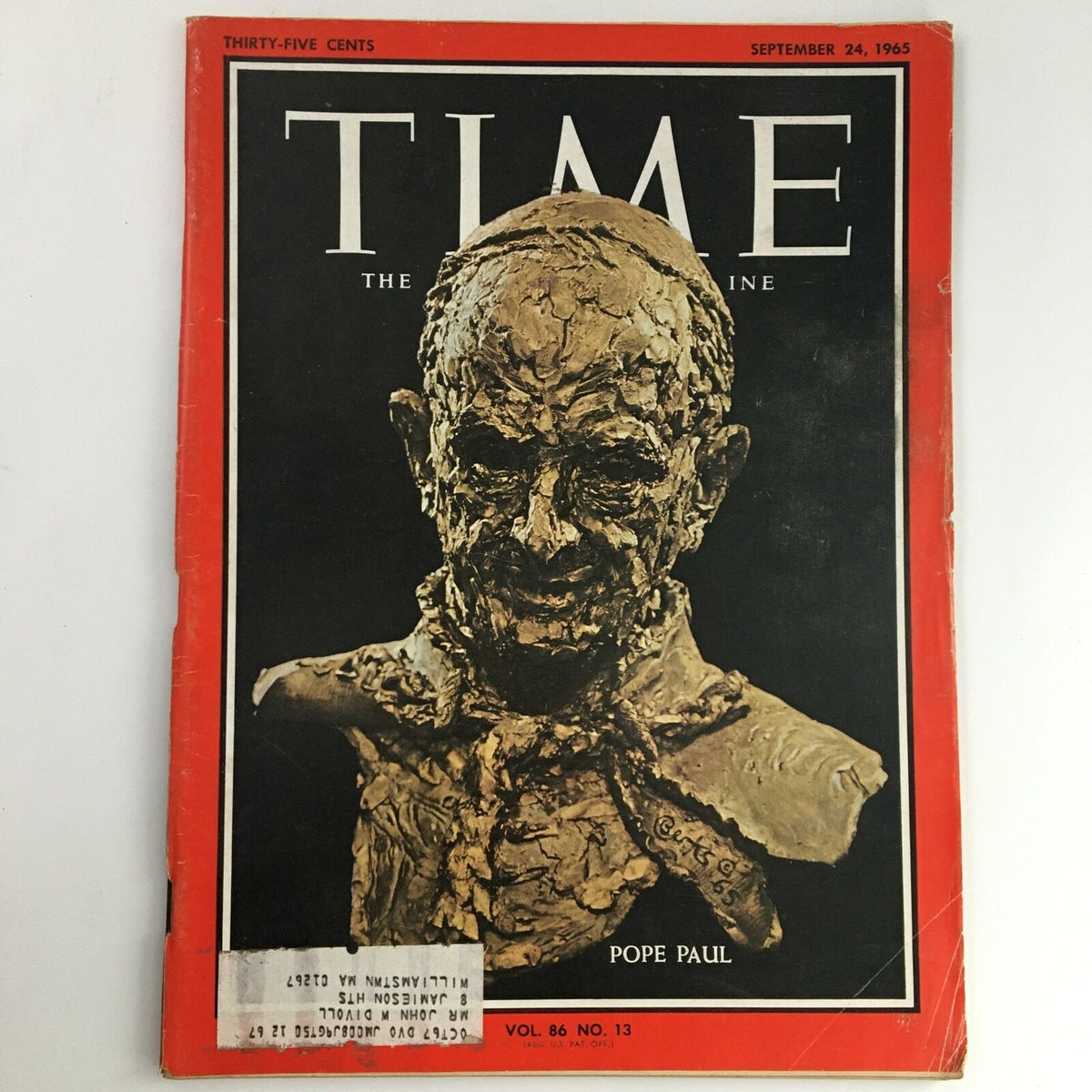 Cover of Time Magazine from September 24, 1965, featuring a sculptural representation of Pope Paul VI, titled 'Pope Paul.' This vintage issue, Vol 86 No 13, captures a significant moment in history.