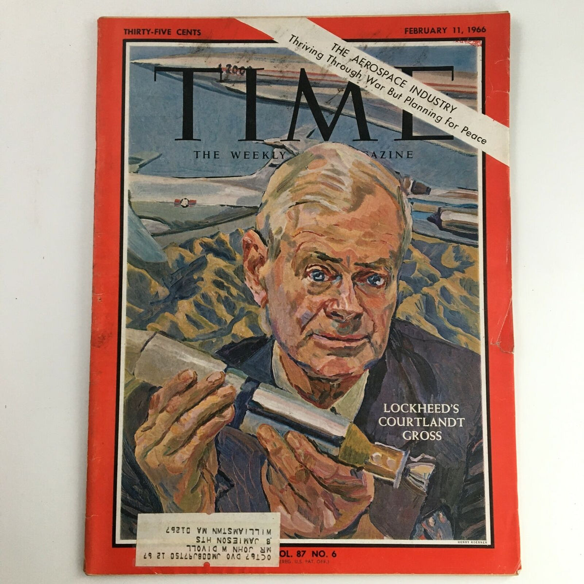 Time Magazine February 11 1966 Vol 87 #6 featuring aviation executive Courtlandt S. Gross on the cover, showcasing a vintage illustration with the title 'LOCKHEED'S COURTLANDT GROSS'. The magazine contains an address label on the front and is in good condition with minor wear.