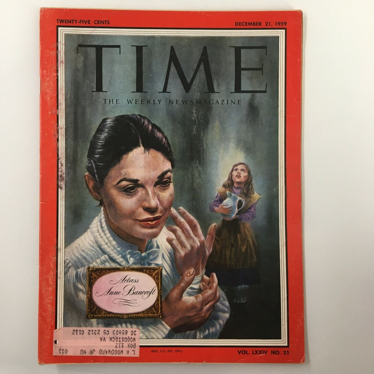 VTG Time Magazine December 21 1959 Vol. 74 No. 25 featuring actress Anne Bancroft on the cover, showcasing a moment in 1950s entertainment history.