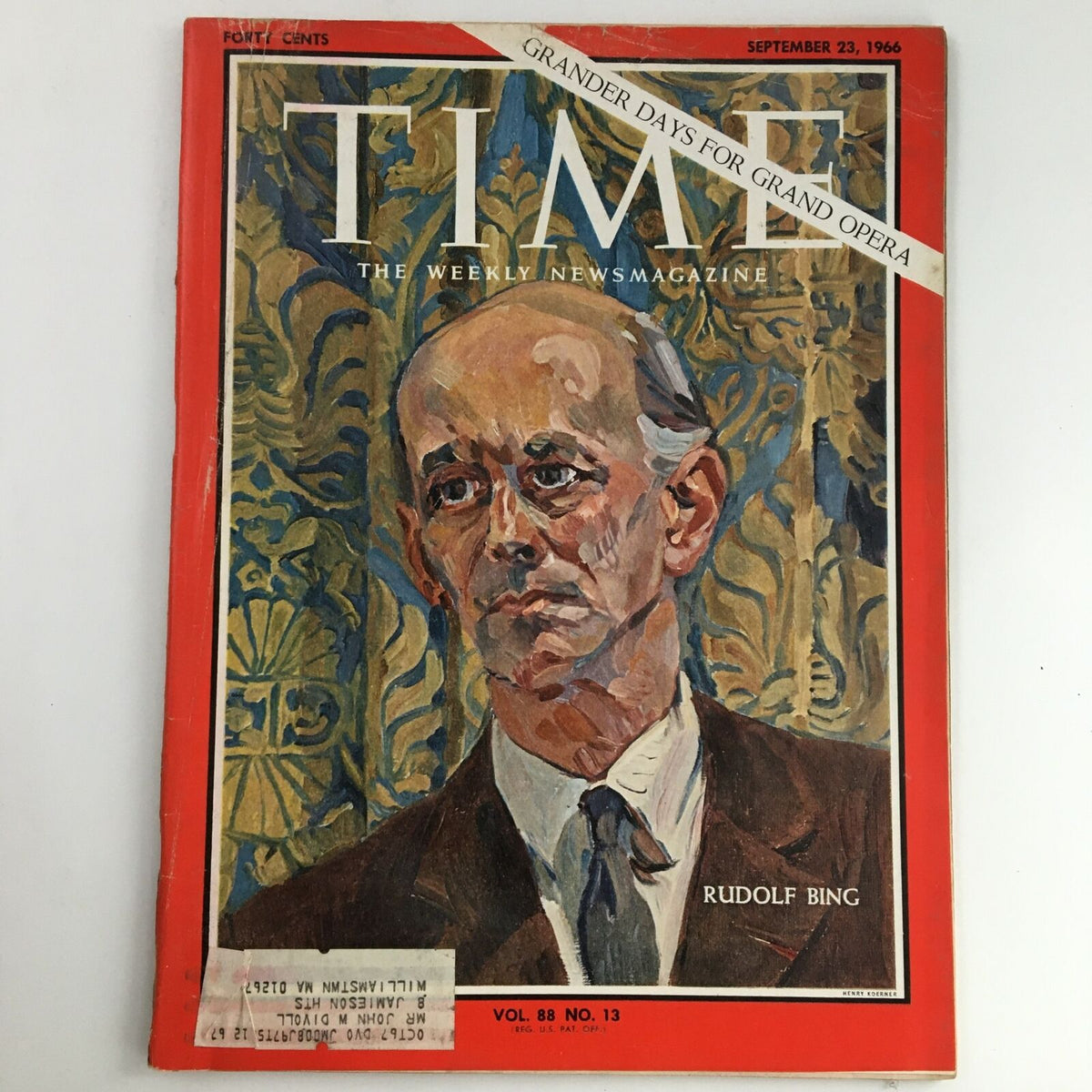 Time Magazine cover from September 23, 1966, featuring Austrian opera singer Sir Rudolf Bing, Volume 88, Issue #13, showcasing a portrait of Bing against a decorative background.