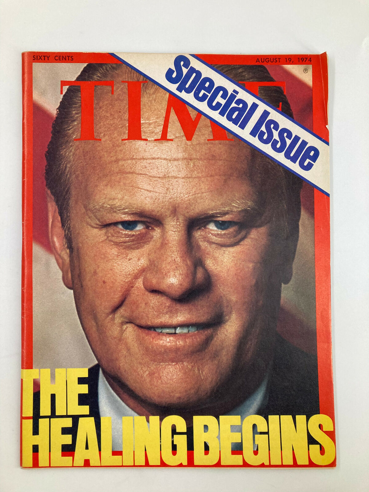 VTG Time Magazine August 19 1974 featuring President Gerald Ford on the cover with the headline 'THE HEALING BEGINS' and a special issue label.