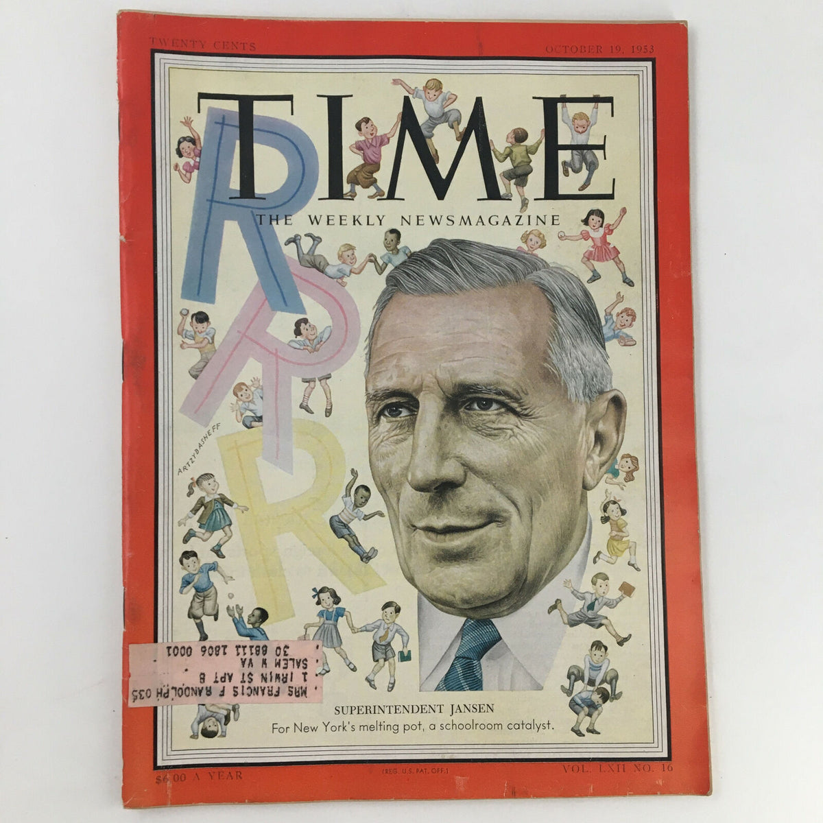 Cover of Time Magazine, October 19, 1953, featuring Superintendent William Jansen with colorful children's illustrations and vintage design elements.