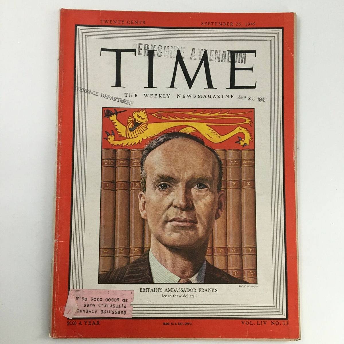 Time Magazine September 26 1949 featuring Britain's Oliver Franks, showcasing a portrait of him against a backdrop of books and cultural elements, highlighting British history.