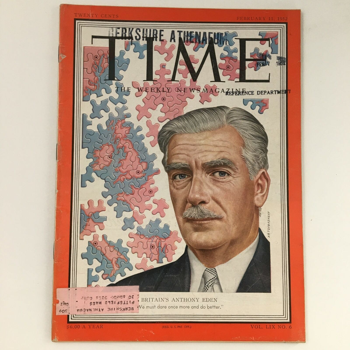 Cover of Time Magazine dated February 11, 1952, featuring former Foreign Secretary Anthony Eden with the headline 'Britain's Anthony Eden' and a colorful background design. Volume 59, Issue 6.