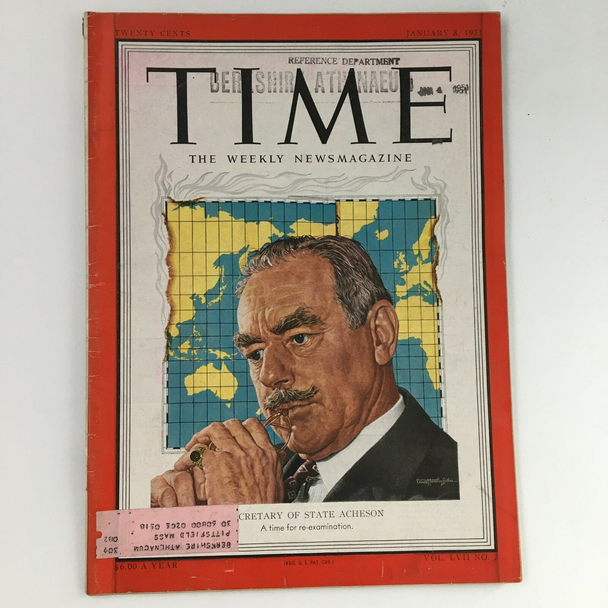 Time Magazine January 8 1951 Vol 57 #2 featuring Former US Secretary of State Dean Acheson on the cover, showcasing a colorful map background and highlighting significant historical context.