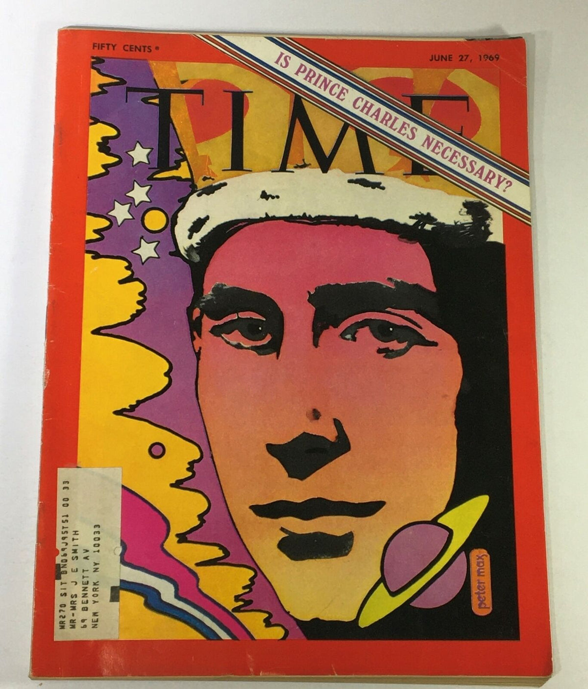 Vintage Time Magazine cover from June 27, 1969, featuring the headline "Is Prince Charles Necessary?" The cover showcases bold colors and artistic design, capturing the essence of the late 1960s.