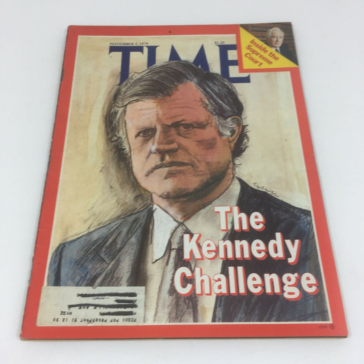 Cover of Time Magazine: The Kennedy Challenge, dated November 5, 1979, featuring a portrait illustration of a man with medium-length hair, dressed in a suit, reflecting on the Kennedy family's influence in American culture.