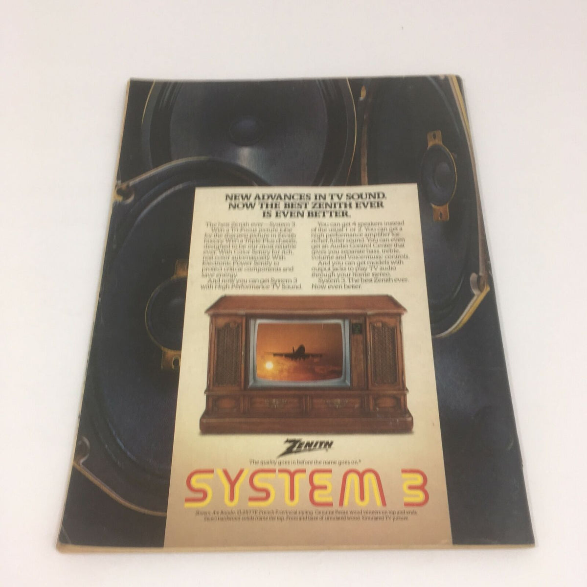 Vintage advertisement showcasing the Zenith System 3 television with advanced sound features, highlighting its picture quality and speaker options. Features the title 'Time Magazine: The Kennedy Challenge November 5, 1979.'