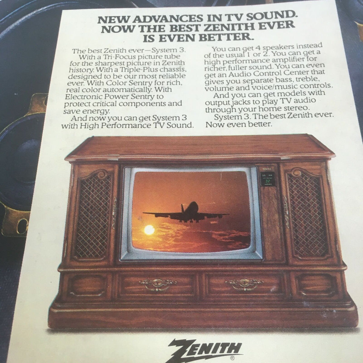 Close-up of the Zenith System 3 television ad, emphasizing its audio capabilities and design. Includes the title 'Time Magazine: The Kennedy Challenge November 5, 1979.'