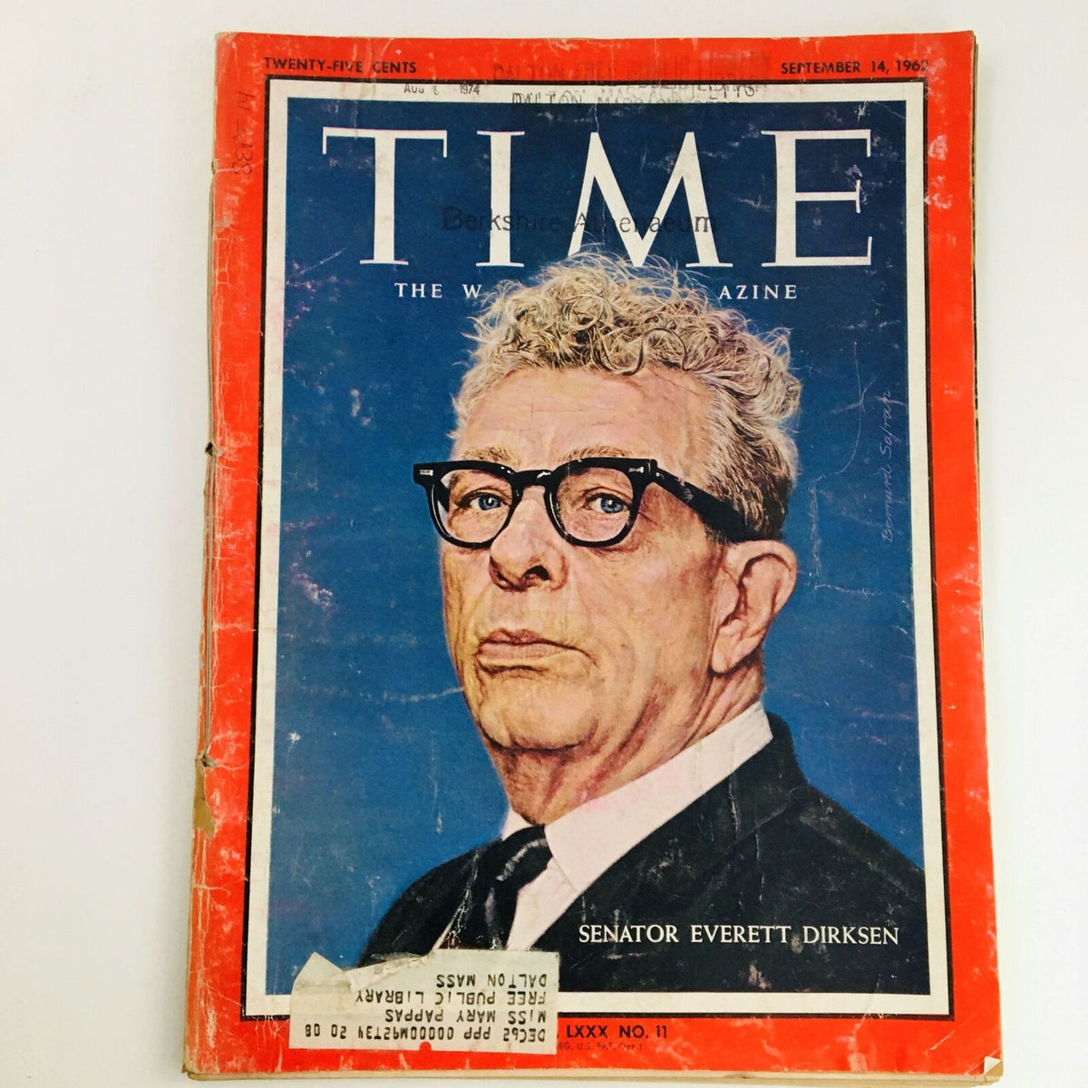 Cover of Time Magazine September 14, 1962, Vol 80 No 11 featuring Senator Everett Dirksen. The magazine showcases a portrait of Dirksen, a significant figure in American politics during the 1960s, with a vibrant blue background and classic Time Magazine design.