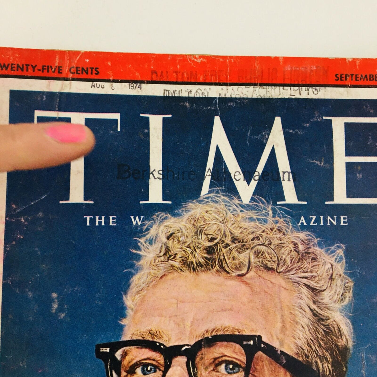 Cover detail of Time Magazine September 14, 1962 Vol 80 #11 featuring Senator Everett Dirksen, showing the title 'TIME' with a finger pointing at it and a vintage aesthetic.