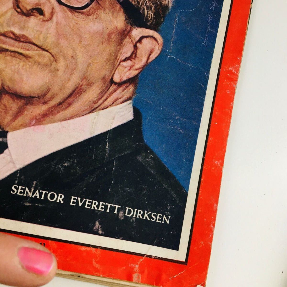 Close-up of Senator Everett Dirksen's portrait on the cover of Time Magazine September 14, 1962 Vol 80 #11, displaying his name and distinct features in a vintage magazine format.