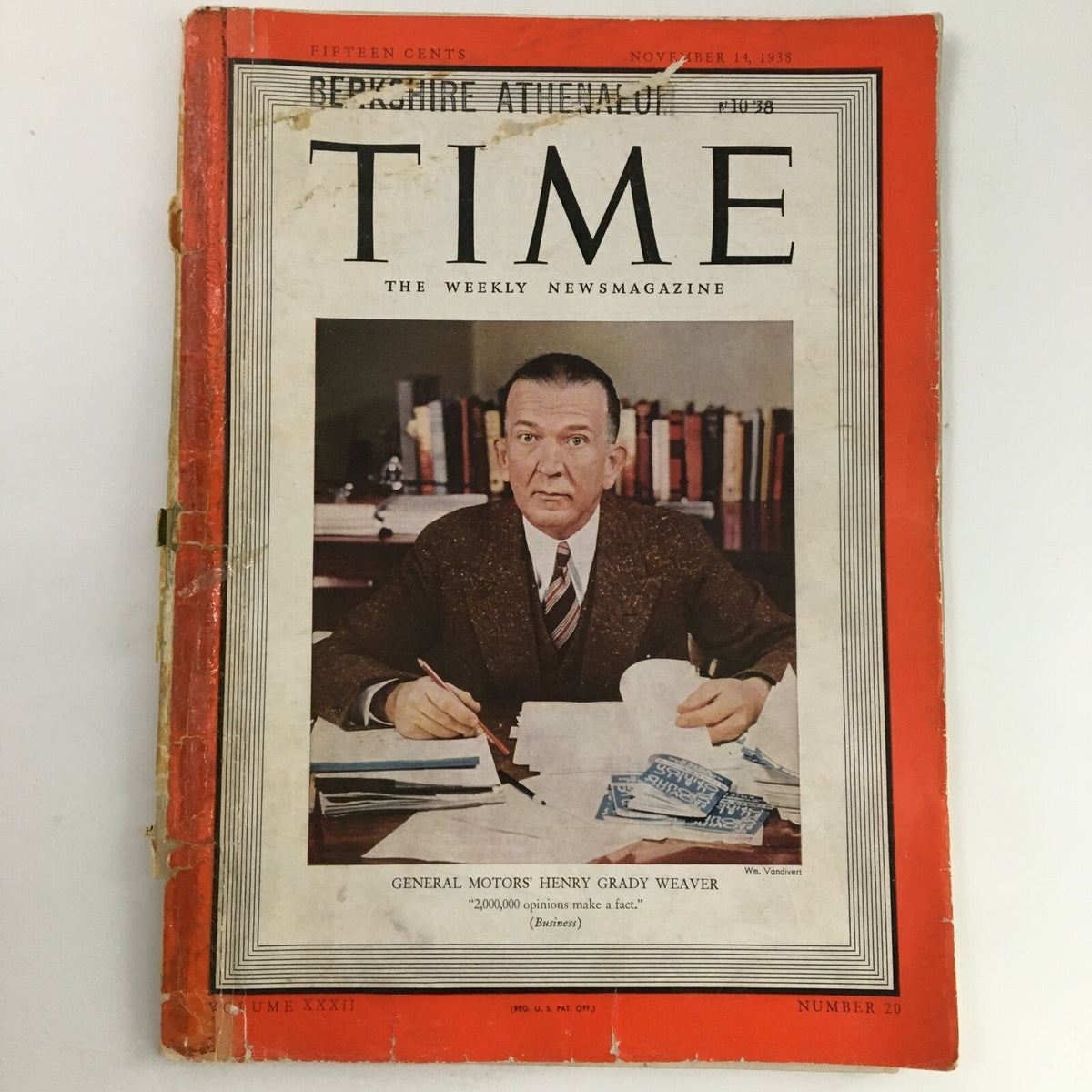 Cover of Time Magazine, November 14, 1938, featuring General Motors' Henry Grady Weaver, along with vintage design elements and the text '200000 opinions make a fact.'