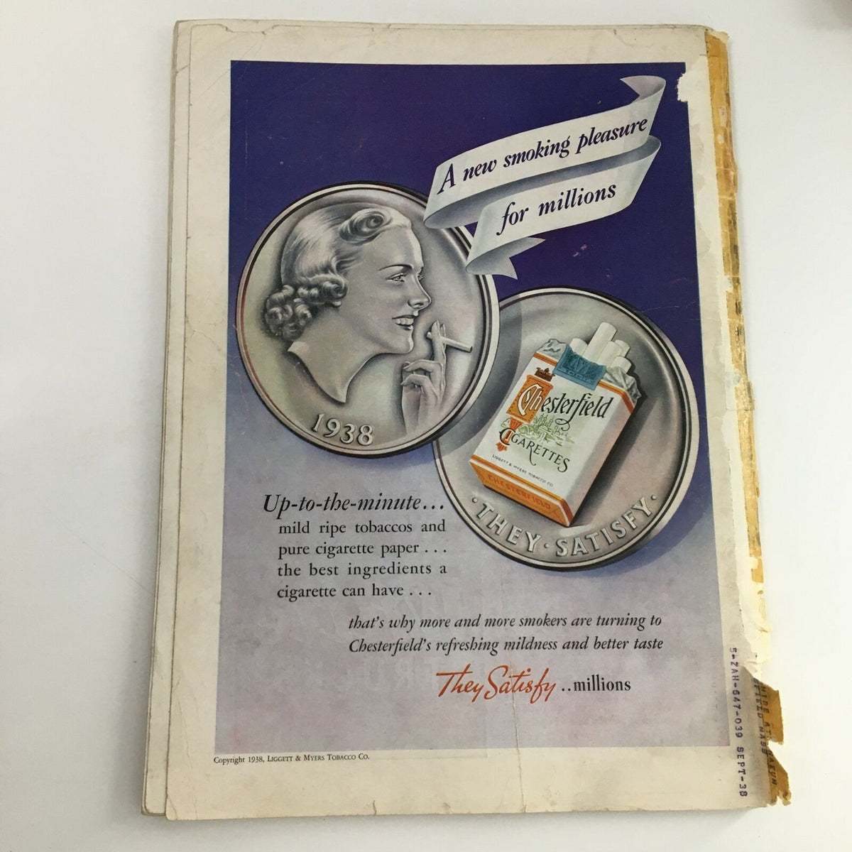 Back cover of Time Magazine, November 14, 1938, displaying a vintage Chesterfield cigarette advertisement, highlighting the brand's promotional text.