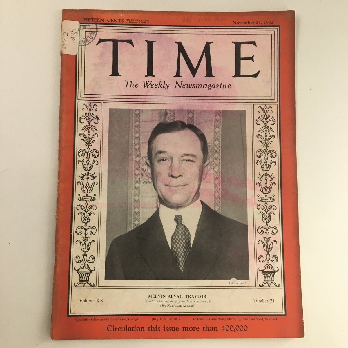 Time Magazine November 21, 1932, featuring banker and lawyer Melvin Alvah Traylor on the cover. This vintage magazine showcases the economic and social themes of the Great Depression era.