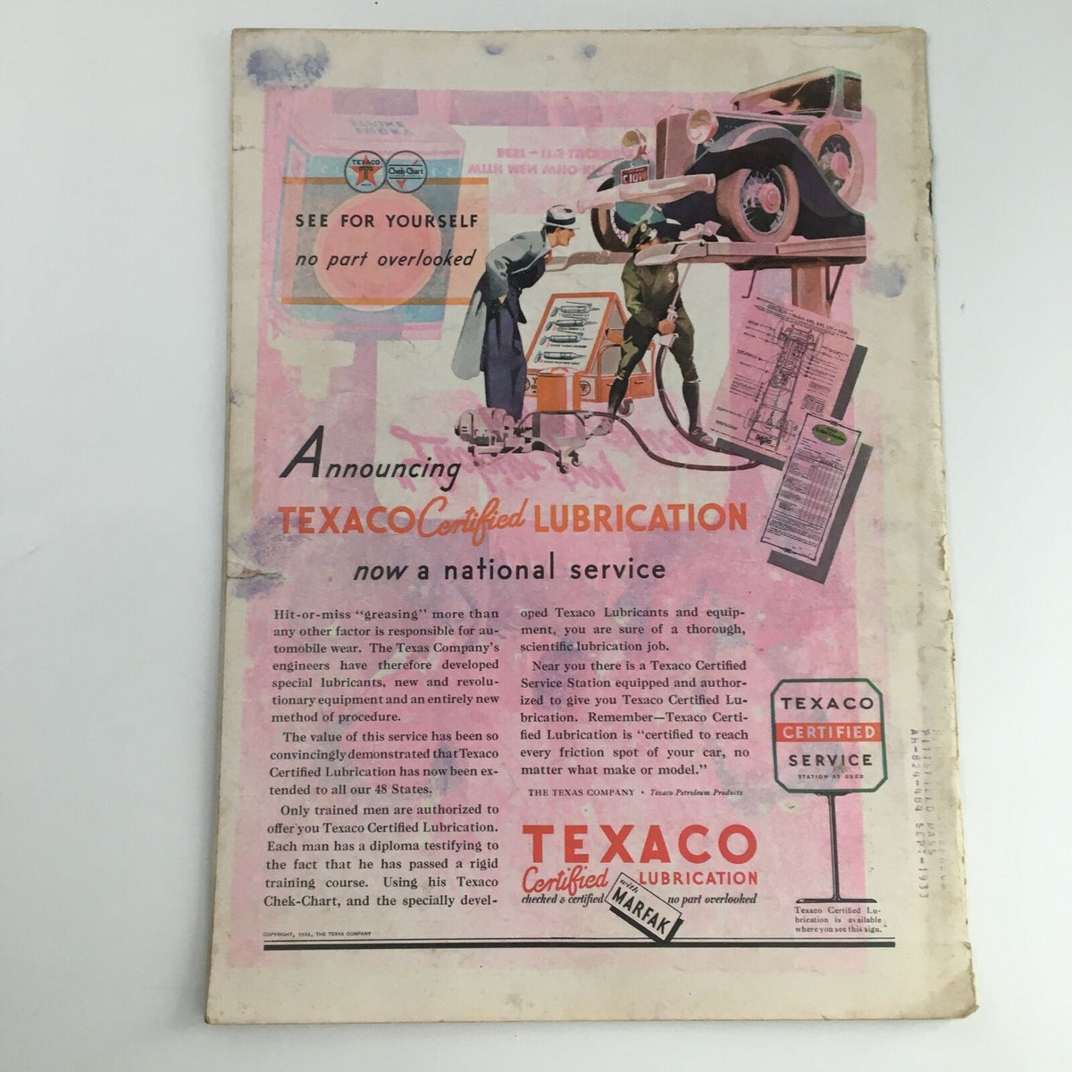 Back cover of the Time Magazine from November 21 1932, featuring a vintage advertisement for Texaco Certified Lubrication, emphasizing the magazine's context in the era.