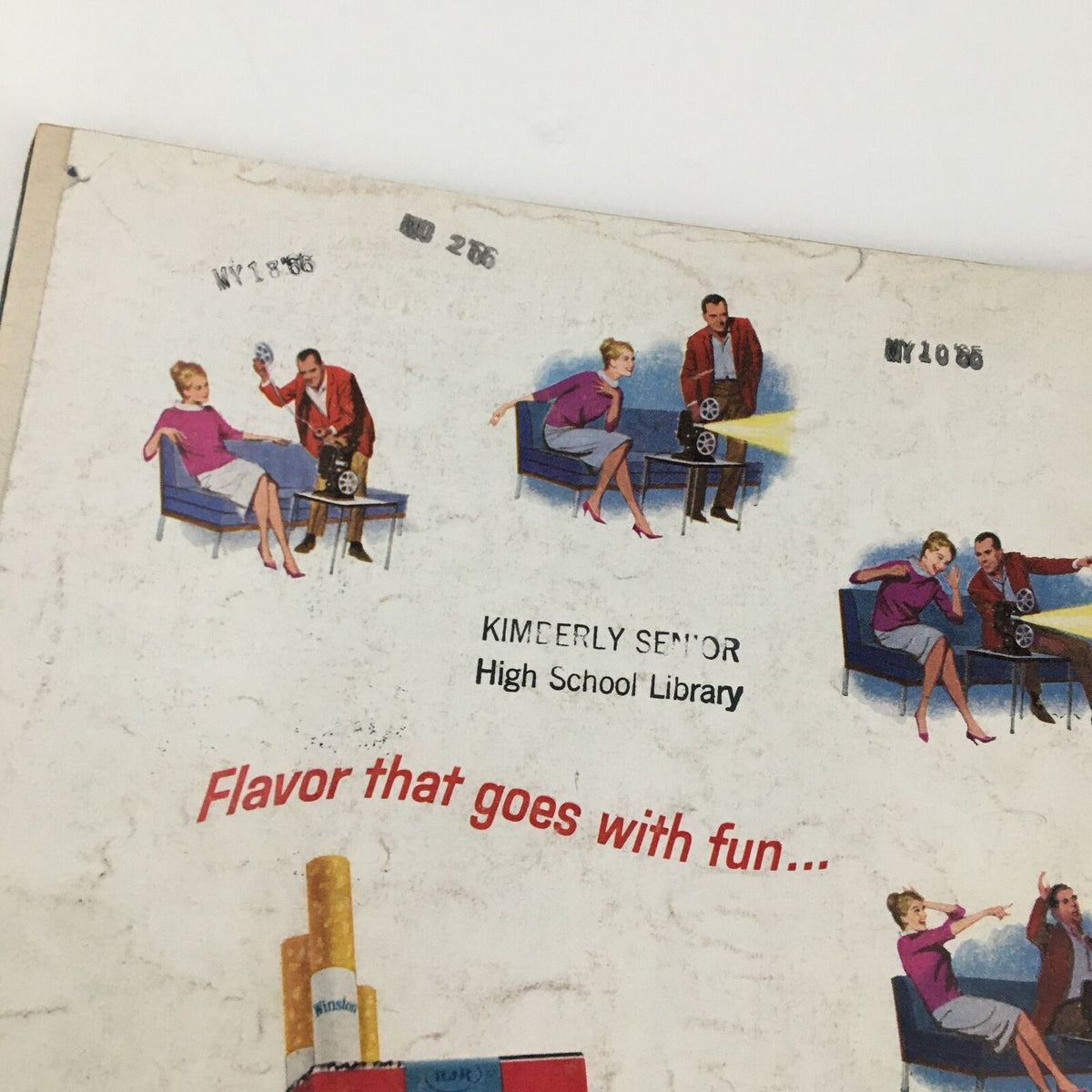 Back cover of Time Magazine November 13 1964 featuring library marks, two illustrated figures engaging with a projector, and a tagline 'Flavor that goes with fun.' showing its historical significance.